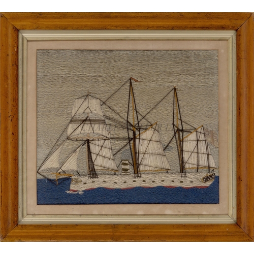 180 - A SAILOR'S WOOLWORK PICTURE OF AN IRONCLAD, CIRCA 1860depicted under steam and half sail, in a blue ... 