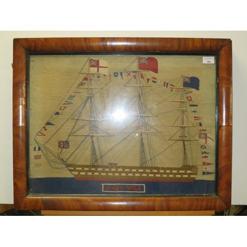 161 - A FINE SAILOR'S WOOLWORK PICTURE OF H.M.S. NILE DRESSED OVERALL, CIRCA 1855depicted with a retracted... 