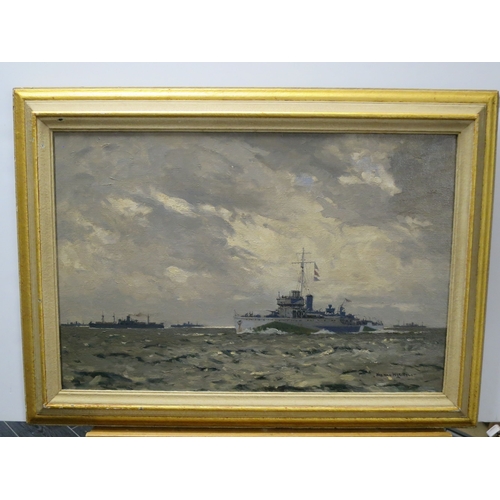 185 - δ NORMAN WILKINSON (1878-1971) North Atlantic Convoy under escort with a Flower Class corvette in da... 