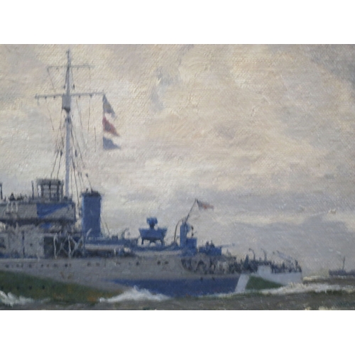 185 - δ NORMAN WILKINSON (1878-1971) North Atlantic Convoy under escort with a Flower Class corvette in da... 