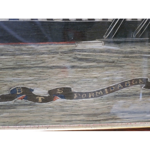 180 - A SAILOR'S WOOLWORK PICTURE OF AN IRONCLAD, CIRCA 1860depicted under steam and half sail, in a blue ... 