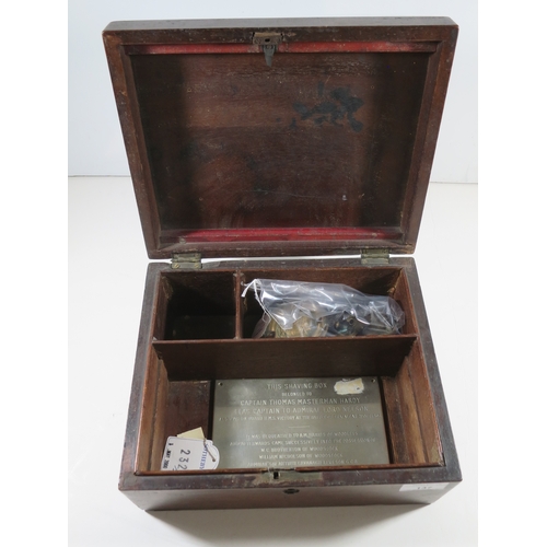 137 - A WOOD SHAVING BOX, REPUTEDLY BELONGING TO CAPTAIN HARDY, CIRCA 1800 the box fitted for shaving uten... 