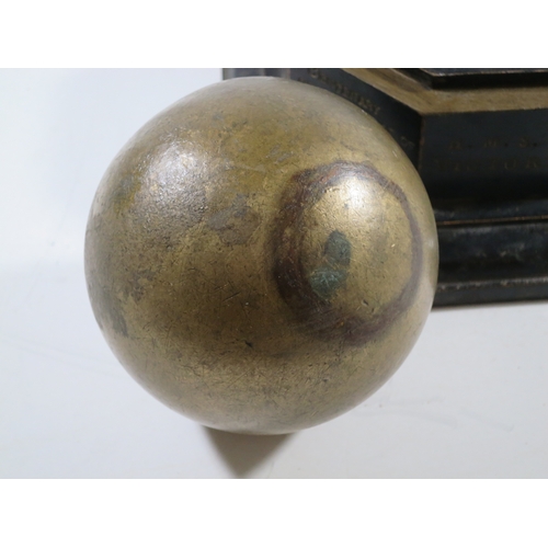 144 - A 1905 TRAFALGAR CENTENARY CANNON BALL AND STAND COMMEMORATING H.M.S. VICTORY'S BATTLEScomprising a ... 