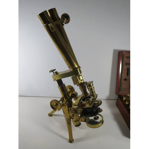 259 - A FINE POWELL AND LEALAND NO. 2 BINOCULAR MICROSCOPE, CIRCA 1858Signed on the support as per title, ... 