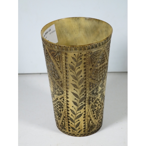 17 - A FINELY CARVED AND SCRIMSHAW-DECORATED HORN BEAKER FROM THE NEW BEDFORD WHALER MINERVA, CAPTAIN EDW... 