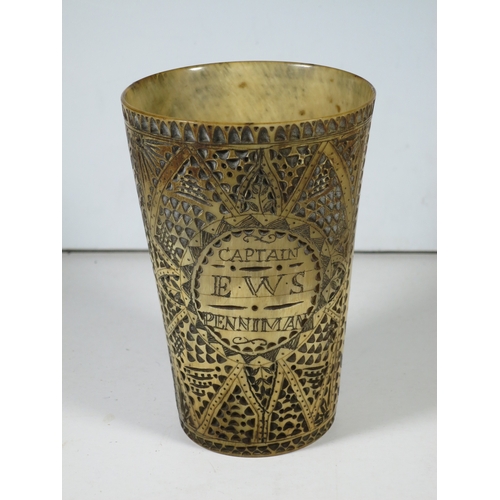 17 - A FINELY CARVED AND SCRIMSHAW-DECORATED HORN BEAKER FROM THE NEW BEDFORD WHALER MINERVA, CAPTAIN EDW... 