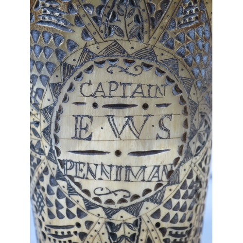 17 - A FINELY CARVED AND SCRIMSHAW-DECORATED HORN BEAKER FROM THE NEW BEDFORD WHALER MINERVA, CAPTAIN EDW... 