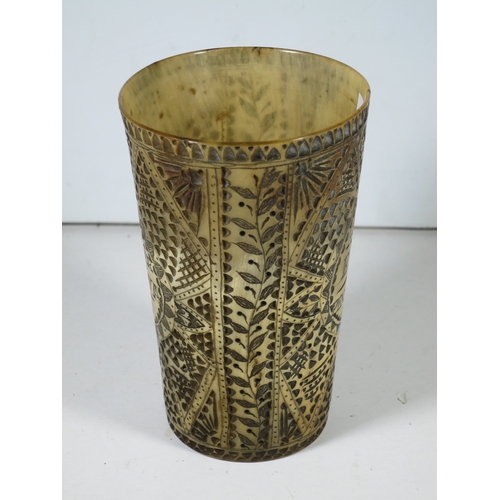 17 - A FINELY CARVED AND SCRIMSHAW-DECORATED HORN BEAKER FROM THE NEW BEDFORD WHALER MINERVA, CAPTAIN EDW... 