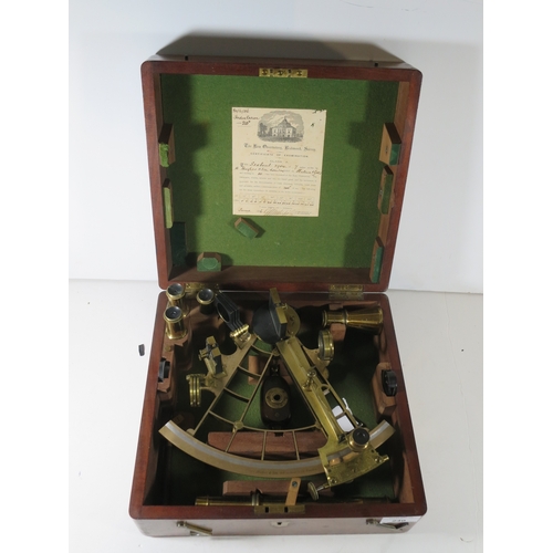 240 - A FINE AND HIGHLY ORIGINAL PLATINUM-SCALED PRIZE SEXTANT FROM H.M.S. WORCESTER, 1886with lacquered a... 