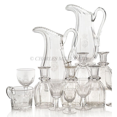 202 - QUANTITY OF GLASSWARE FROM THE ROYAL YACHT OSBORNE, CIRCA 1890
comprising two water jugs, five spiri... 