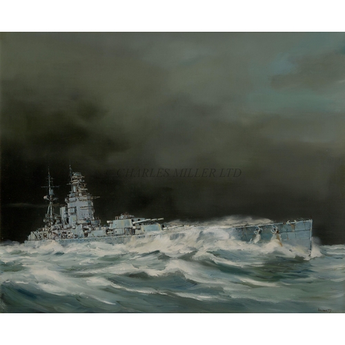 239 - δ IAN LOWE (BRITISH, 20TH CENTURY)
Force ten decreasing, H.M.S. ‘Rodney’ clearing a storm
Signed ‘Ia... 