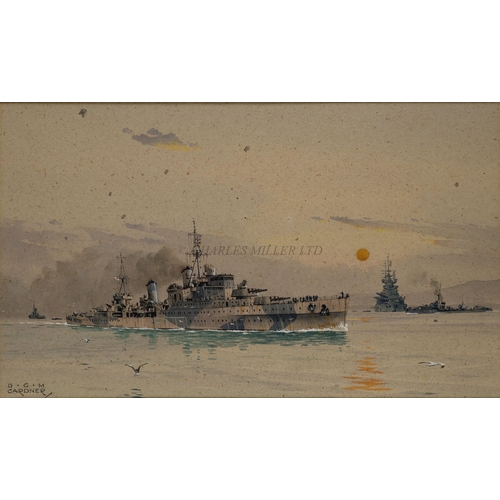 252 - δ DEREK GEORGE MONTAGUE GARDNER (BRITISH, 1914-2007)
A Southampton Class cruiser in dazzle camouflag... 