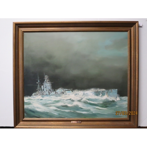 239 - δ IAN LOWE (BRITISH, 20TH CENTURY)
Force ten decreasing, H.M.S. ‘Rodney’ clearing a storm
Signed ‘Ia... 