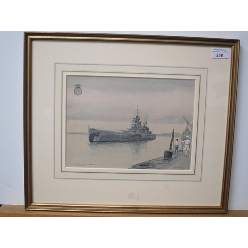 238 - δ ERIC TUFNELL (BRITISH, 1888-1978)
H.M.S. ‘Prince of Wales’ in Singapore 1941
Signed ‘E. Tufnell (l... 