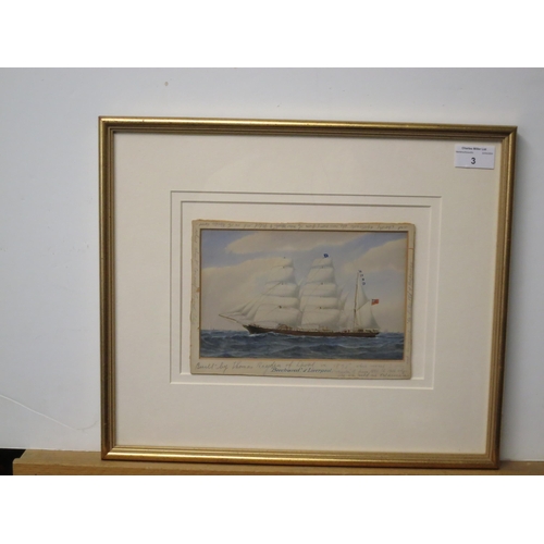 3 - ENGLISH SCHOOL, (CIRCA 1890)
Study of the barque 'Beechwood'
Extensively inscribed on original mount... 