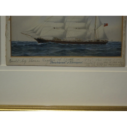 3 - ENGLISH SCHOOL, (CIRCA 1890)
Study of the barque 'Beechwood'
Extensively inscribed on original mount... 