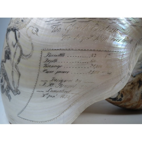 23 - A LARGE-SIZED MID-19TH CENTURY SCRIMSHAW WORKED NAUTILUS SHELL BY C.H. WOOD
incised overall with des... 