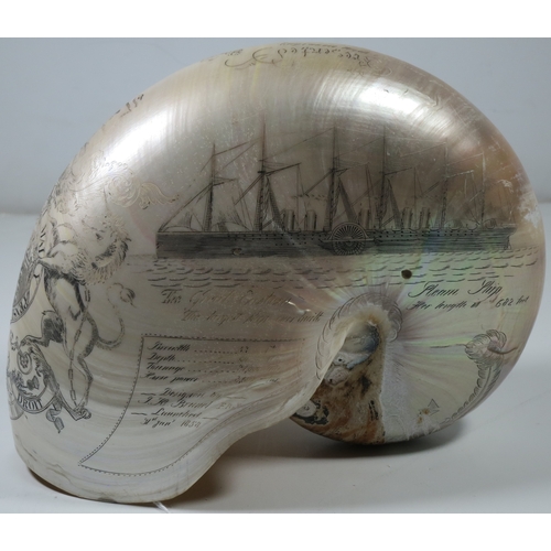 23 - A LARGE-SIZED MID-19TH CENTURY SCRIMSHAW WORKED NAUTILUS SHELL BY C.H. WOOD
incised overall with des... 