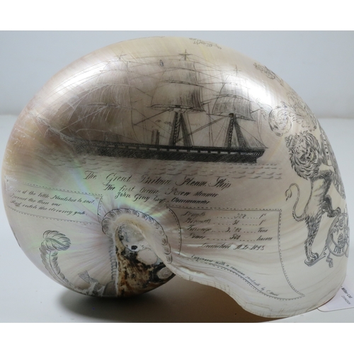 23 - A LARGE-SIZED MID-19TH CENTURY SCRIMSHAW WORKED NAUTILUS SHELL BY C.H. WOOD
incised overall with des... 