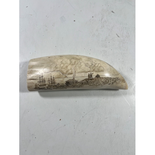 11 - Ø AN EARLY 20TH CENTURY SCRIMSHAW WHALE TOOTH
depicting a panoramic view of a port town, with the su... 