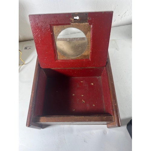 146 - A TELEGRAPH SIDE LAMP
with chimney and back handles, lacking burner -- 10in. (25.5cm.) high; togethe... 