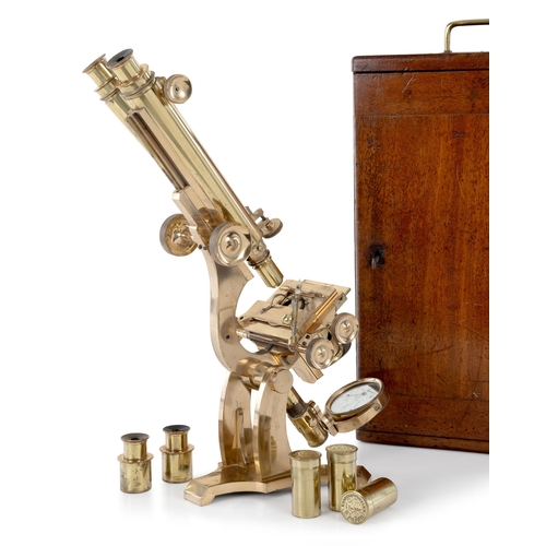 155 - A FINE BINOCULAR MICROSCOPE BY EDMUND WHEELER, LONDON, CIRCA 1870
constructed in lacquered brass wit... 