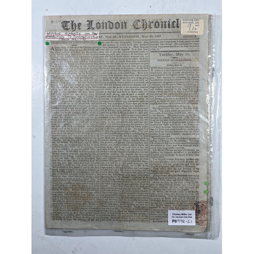 78 - LONDON CHRONICLE COVERING DARDANELLES, 1807
Front page report by an officer of the Canopus mentionin... 