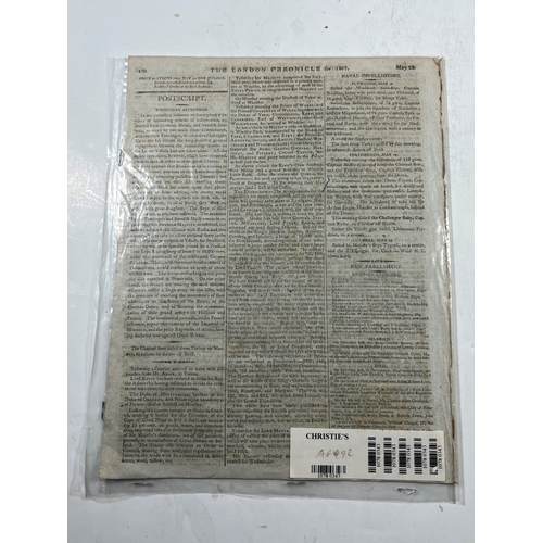 78 - LONDON CHRONICLE COVERING DARDANELLES, 1807
Front page report by an officer of the Canopus mentionin... 