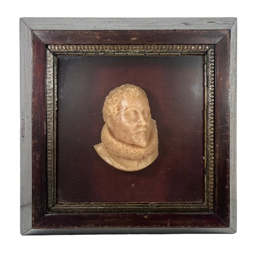 96 - A WAX PORTRAIT OF SIR FRANCIS DRAKE
with 4¼in. long portrait depicting Francis Drake's head and ruff... 