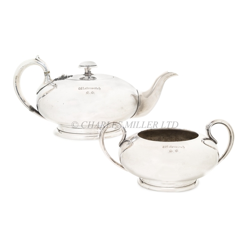 102 - A SILVER-PLATED TEAPOT FROM THE S.S. WATERWITCH (1845), CIRCA 1853
of bullet form with insulated han... 