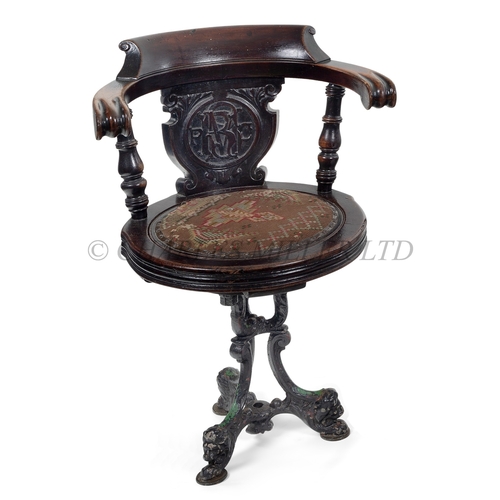 104 - A FIRST CLASS SALOON CHAIR FOR THE ROYAL MAIL STEAM PACKET COMPANY, CIRCA 1880
of cast iron and maho... 