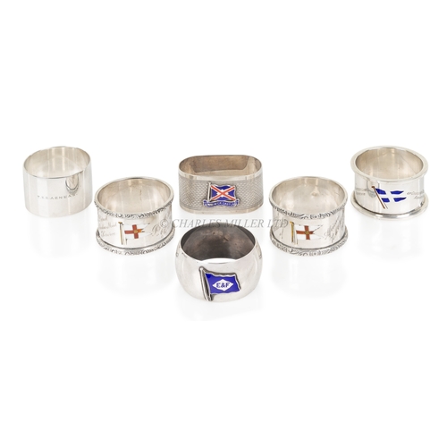 141 - SIX SILVER SHIPPING COMPANY NAPKIN RINGS
comprising Elder Dempster Line (M.V. Accra 1926); Elders &a... 