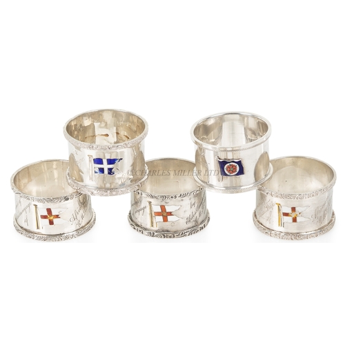 150 - FIVE SILVER SHIP'S NAPKIN RINGS FOR ELDER DEMPSTER LINES
comprising R.M.S. Karina, engraved Souvenir... 