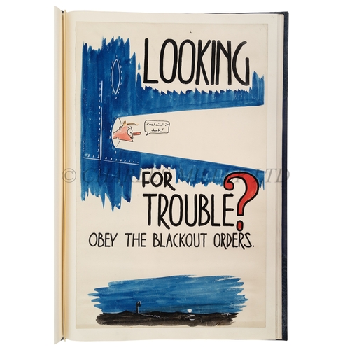 153 - 'TROOPING, 1939-45' POSTERS BY W. FRYER
a bound collection of 13 hand-coloured amusing posters, all ... 