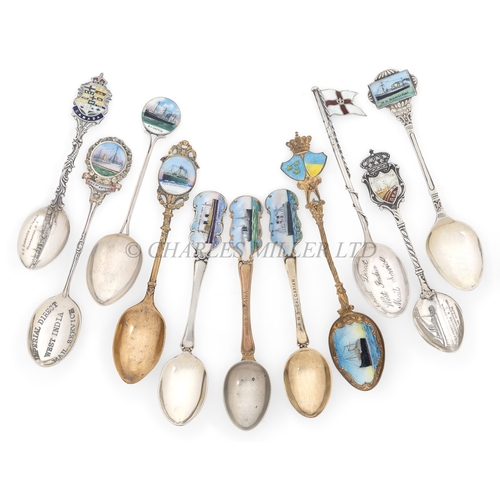 154 - A COLLECTION OF OCEAN LINER SILVER, ENAMEL AND SILVER-PLATED SHIPS' SOUVENIR SPOONS
comprising Imper... 