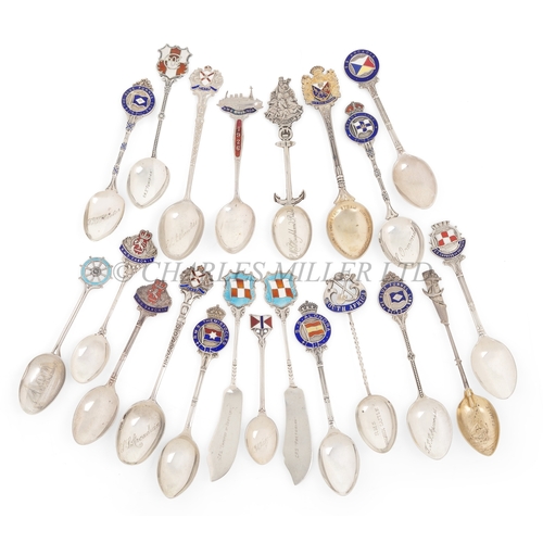 155 - A COLLECTION OF SILVER AND ENAMEL SOUVENIR SHIPS' SPOONS AND BUTTER SPREADERS
comprising P&O, ci... 