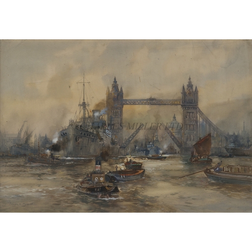 157 - δ FRANK HENRY MASON (BRITISH, 1875/76-1965)
Shipping passing through an open Tower Bridge with St. P... 