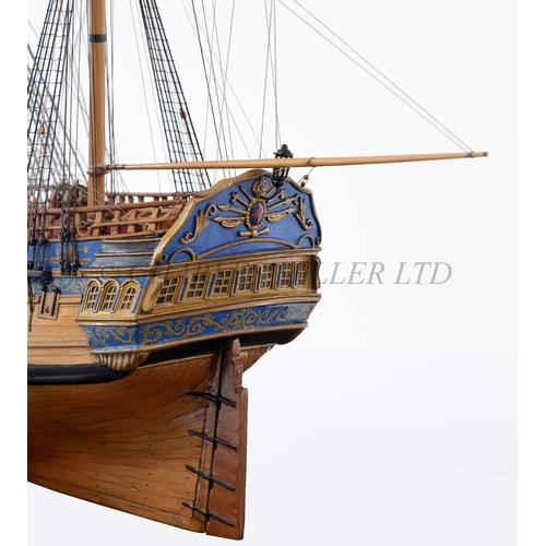 185 - A FINELY REALISED 1:48 SCALE BOXWOOD MODEL IDENTIFIED AS H.M.S. PALLAS [1757] 
the 14in. planked and... 