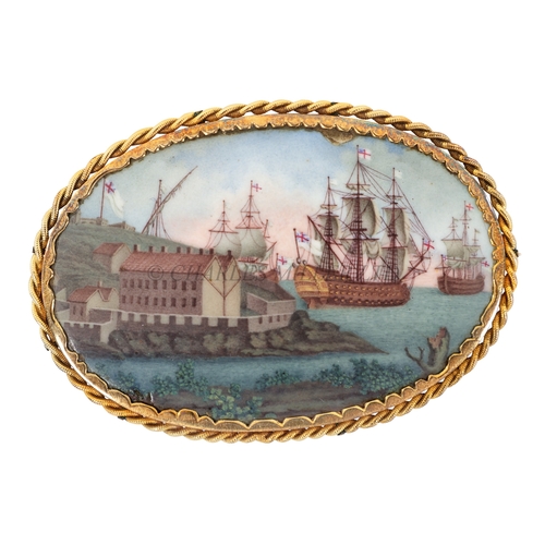 187 - A BILSTON OVAL ENAMEL PLAQUE, 18TH CENTURY
depicting ships of the line off Saint Nicholas’s Island i... 