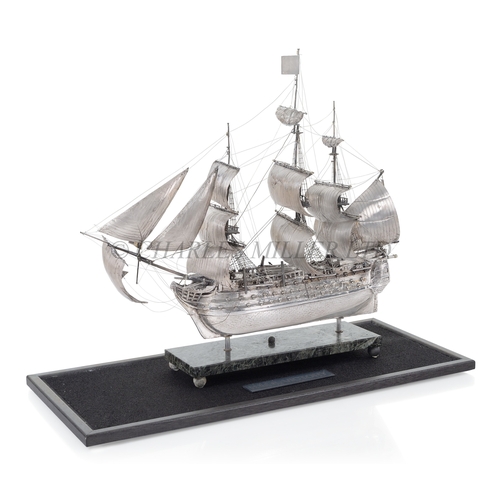 218 - A PLATED AND WHITE METAL MODEL OF H.M.S. VICTORY
the 12in. hull with simulated sheathing below the w... 