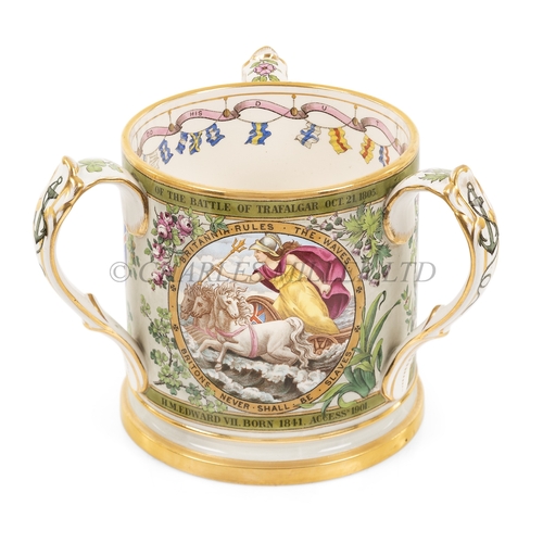 229 - A TRAFALGAR CENTENARY COPELAND SUBSCRIBER’S COPY LOVING CUP OR TYG, CIRCA 1905
printed in full colou... 