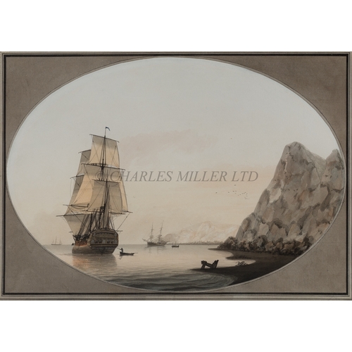 236 - SAMUEL ATKINS (BRITISH, CIRCA 1787-1808)
A sixth rate making sail out of a rocky cove, with an ancho... 