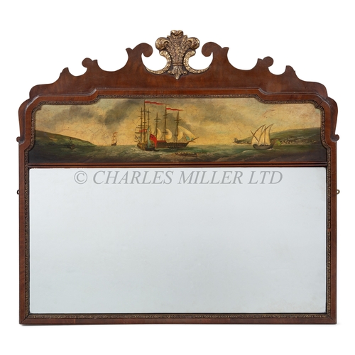 239 - AN 18TH CENTURY STYLE MARINE OVERMANTEL, CIRCA 1920
the top painted with a British man o'war in an e... 