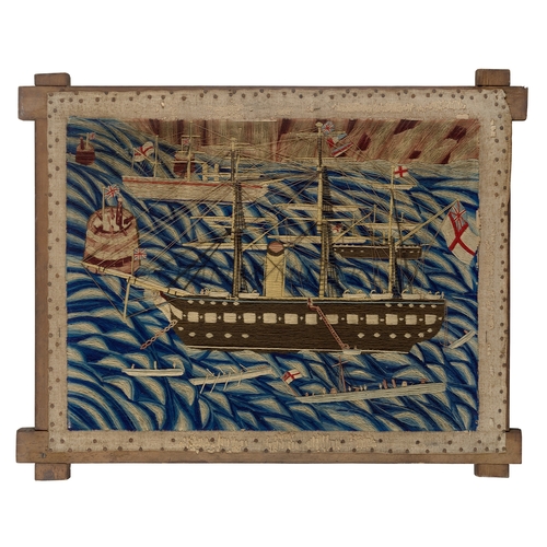 265 - A SAILOR'S WOOLWORK PICTURE, CIRCA 1870
depicting sail/steam ships of the Royal Navy in the Solent o... 