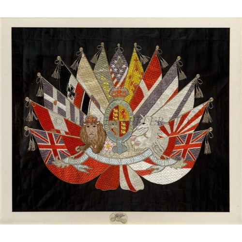 269 - A FINE ORIENTAL SILKWORK FLAG DISPLAY, CIRCA 1900
depicting the lion and unicorn flanked by internat... 