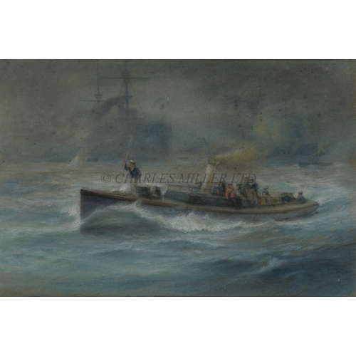 276 - GEORGE COCHRANE KERR (BRITISH, 1825-1907)
Royal Navy steam launch in mist
Later inscription on rever... 