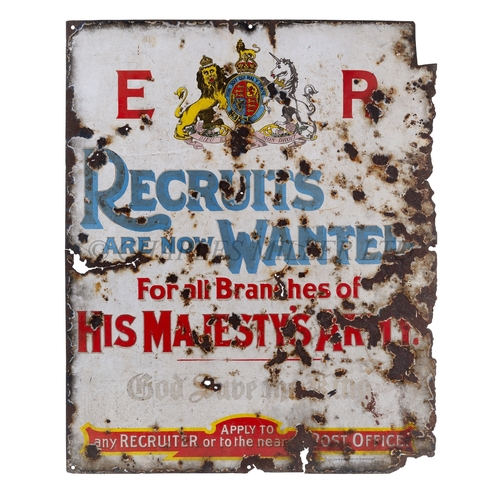 280 - AN ENAMEL RECRUITING SIGN FOR THE ARMY, CIRCA 1905
by Wildman & Meguyer Ltd, Birmingham, with th... 