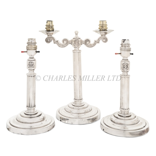 281 - A SET OF ADMIRALTY PATTERN WARDROOM CANDELABRA, CIRCA 1930
heavily constructed in nickel-plated bras... 