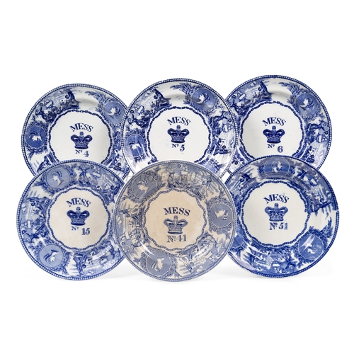 285 - A SET OF BOVEY TRACEY BLUE AND WHITE MESS PLATES FOR THE ROYAL NAVY 
comprising six crown pattern pl... 