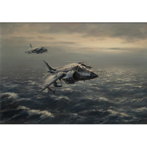 306 - RONALD WONG (20TH CENTURY)
A pair of sea harriers in the South Atlantic during the Falklands war in ... 